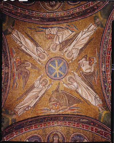 Vier Engel mit den Symbolen der Evangelisten um das Chi-Rho-Monogramm Christi, aus dem Gewölbe der Erzdiözesankapelle (Mosaik) von Byzantine School